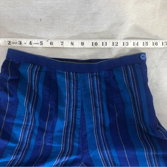 Pure Silk Blue Slimming Vertical Stripe Crop Pant Soft Pants Designer Trousers 6 - Picture 9 of 9